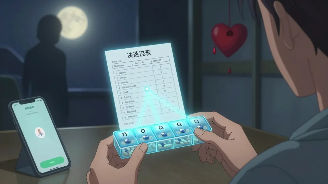 Person organizing pills at home with digital overlay showing discharge discrepancies.