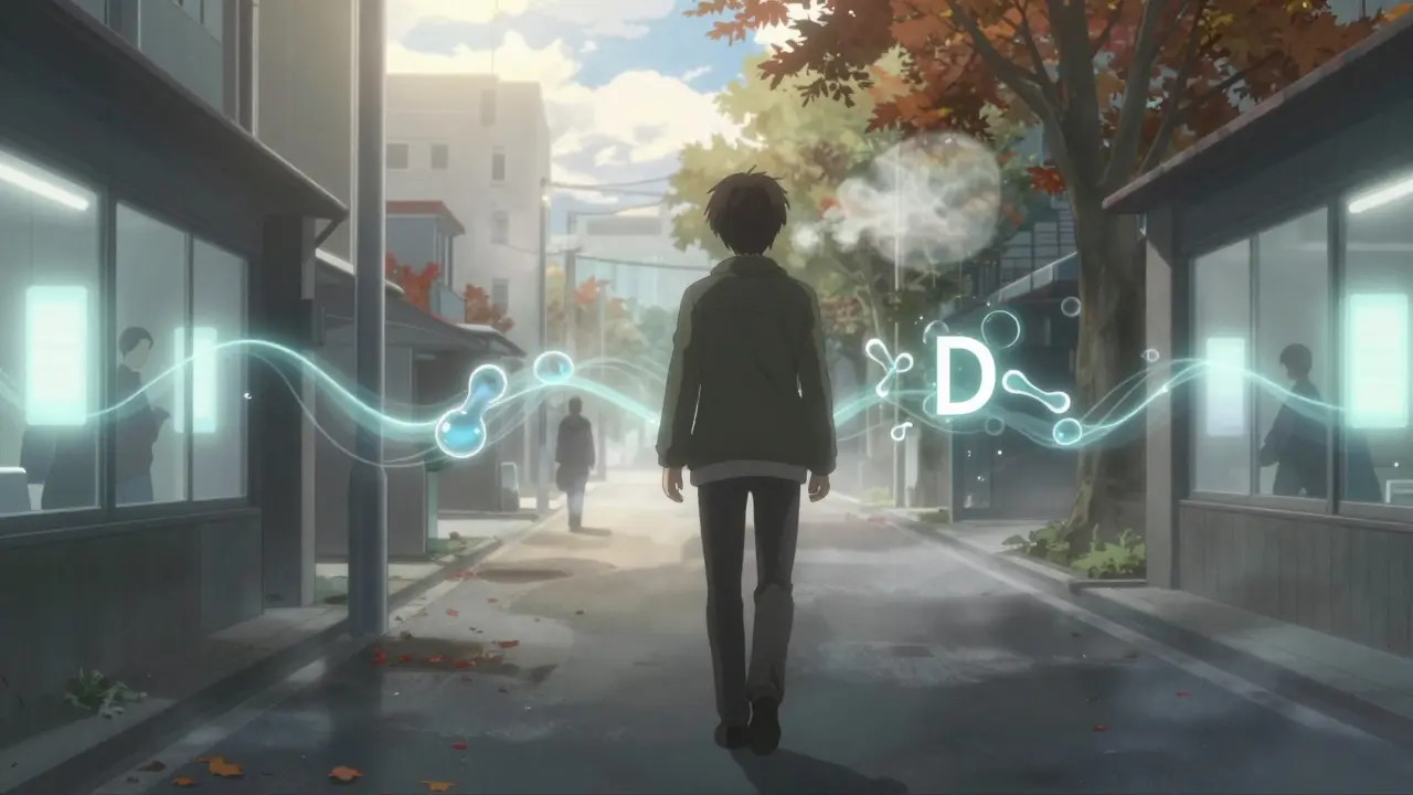 Person walking in autumn fog with glowing vitamin D and serotonin waves around them.