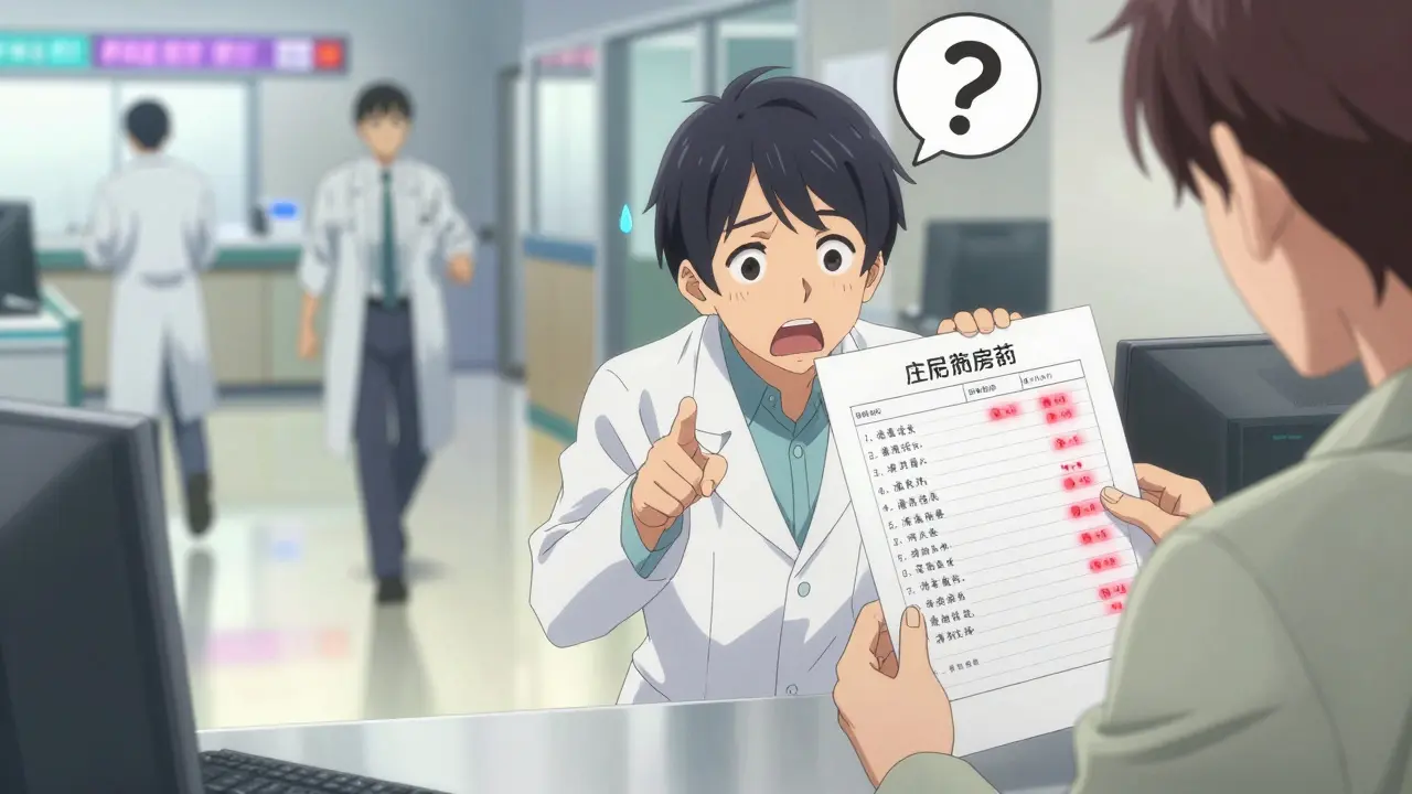 Pharmacist and patient identifying a medication error at the pharmacy counter.