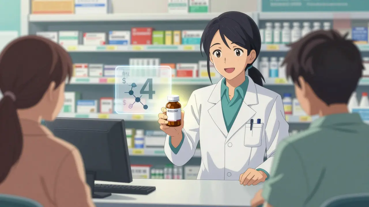 Pharmacist handing a low-cost generic pill bottle to a patient with molecular structure overlay.