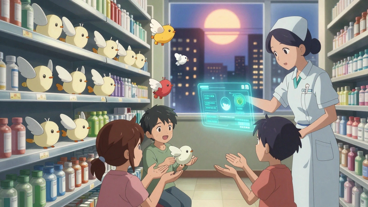 Pills turning into winged creatures, some flying away, others landing in patients&#039; hands guided by a nurse and digital interface.