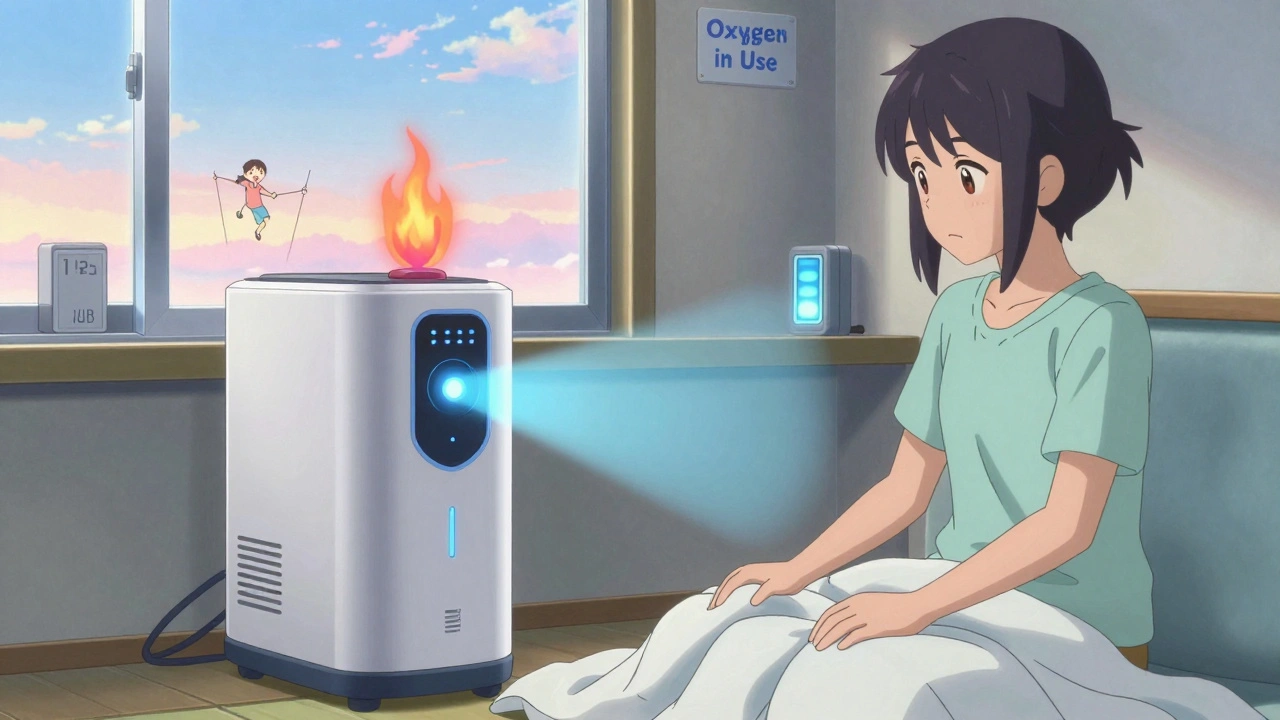 Smart oxygen concentrator automatically shutting off a nearby flame, user calmly using a cotton blanket in safe environment.