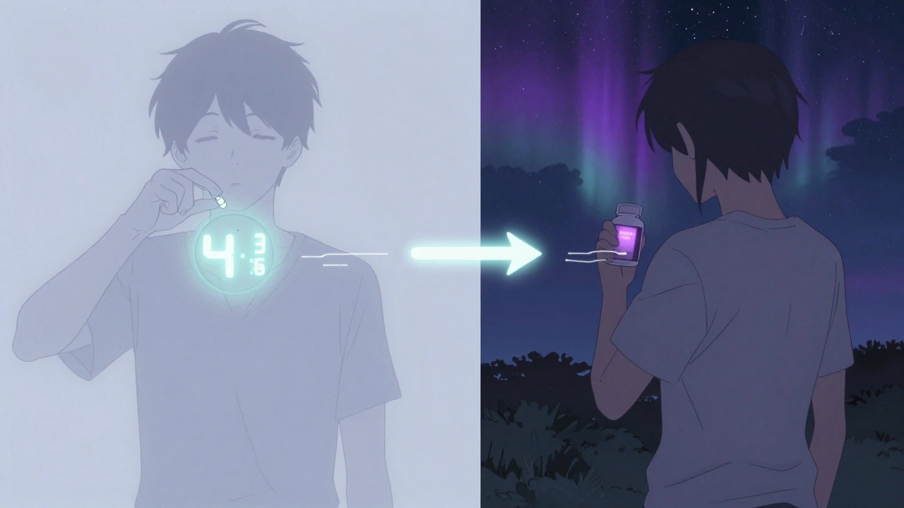 Split daily routine: thyroid medication at dawn and magnesium at night with a 4-hour gap and starry sky.