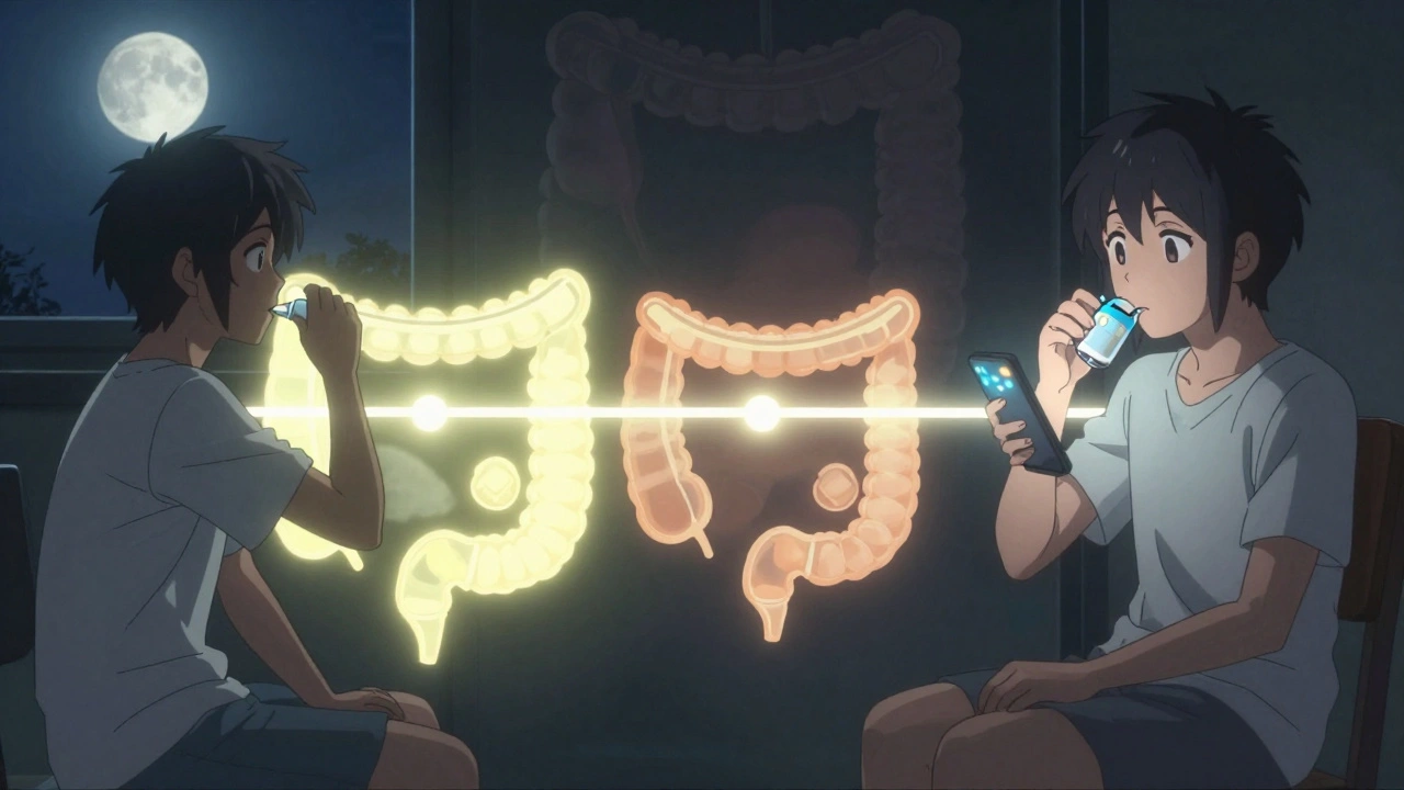 Split-dose laxative timeline with clean colon glowing behind clock overlay