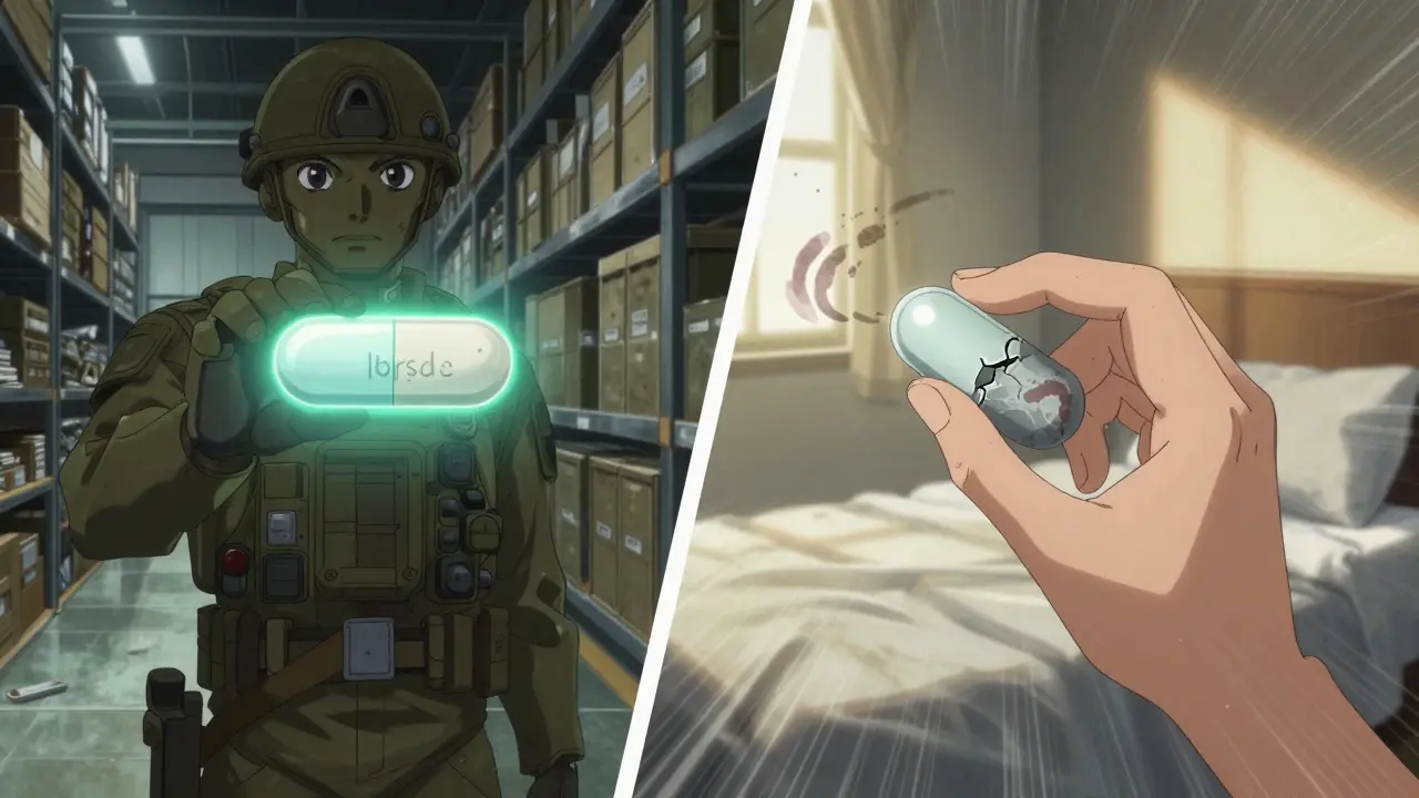 Split scene: a military warehouse with a potent old pill vs. a home drawer with a degraded one.