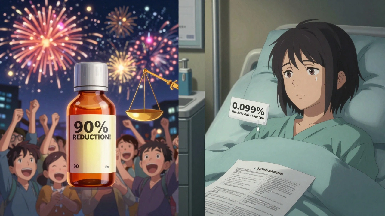 Split scene: flashy drug ad vs. quiet patient realizing the tiny real-world benefit of medication.