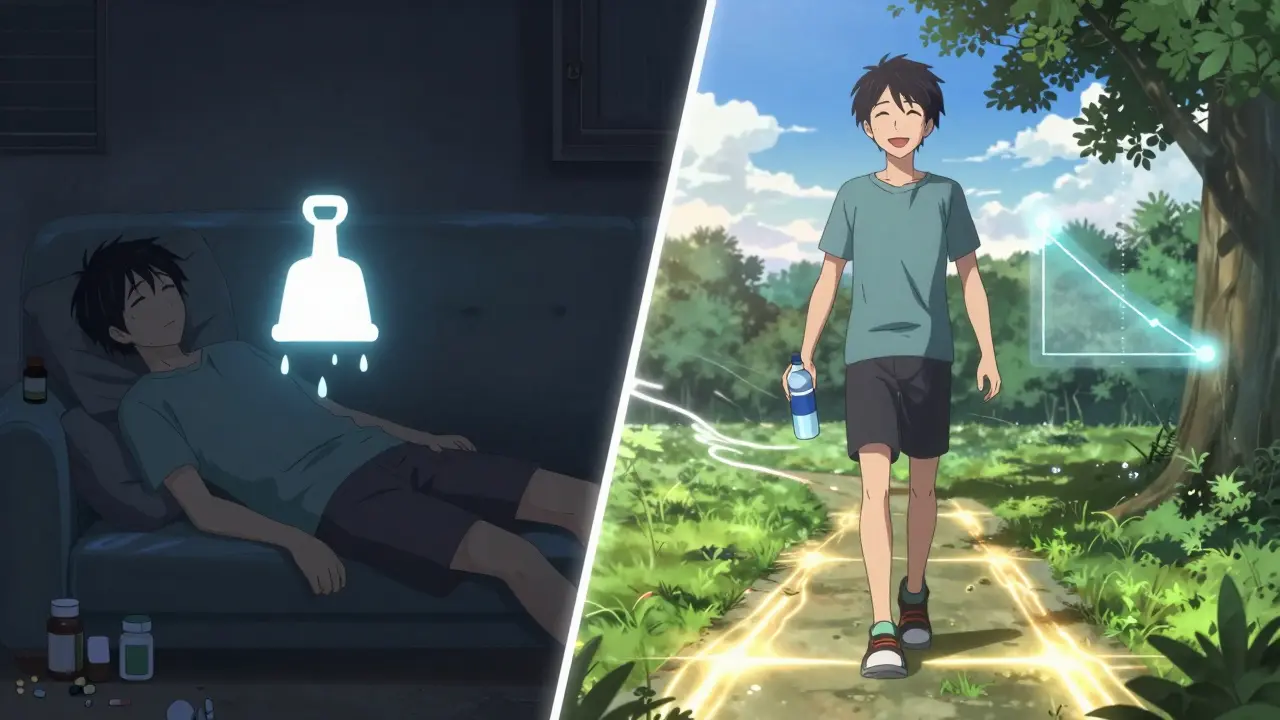 Split scene: person declining vs. person thriving through movement, with light pathways symbolizing recovery.