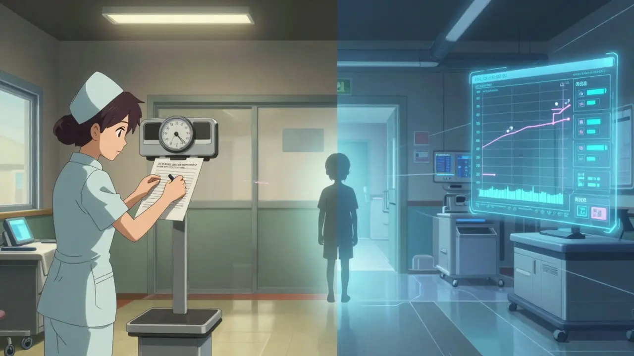 Split scene: rural clinic with paper charts vs. high-tech hospital with AI alerts, symbolizing healthcare disparity.