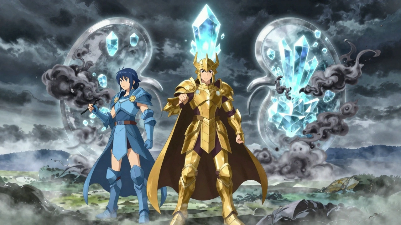 Three elemental spirits representing potassium, magnesium, and phosphate protecting a kidney landscape under stormy skies.