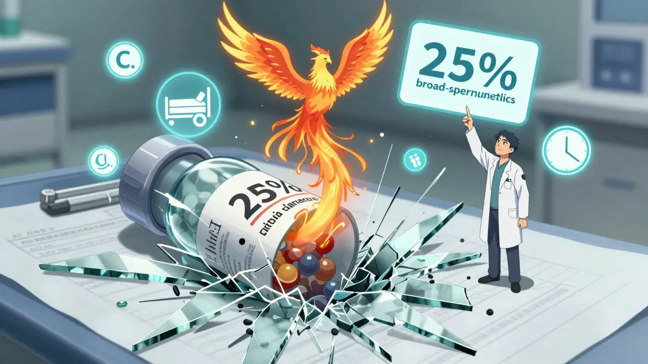 A cracked penicillin allergy label shattering as modern cephalosporin molecules rise like phoenixes.