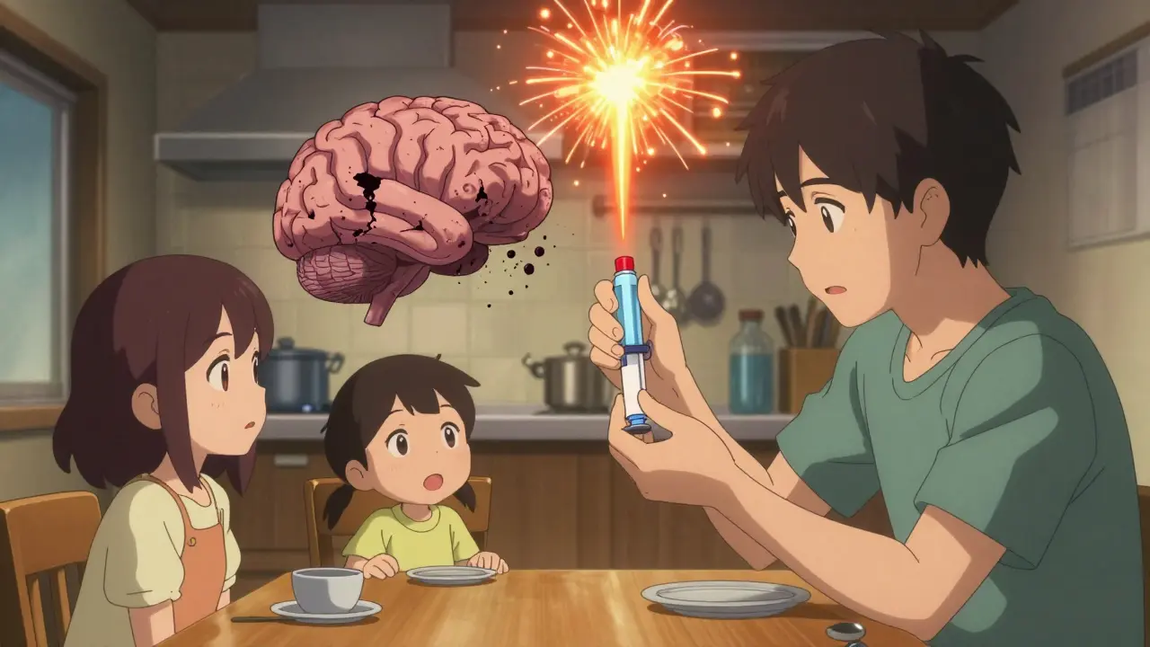 A family holding a glucagon injector as a CGM alert bursts like a firework above them, contrasting a starving brain.