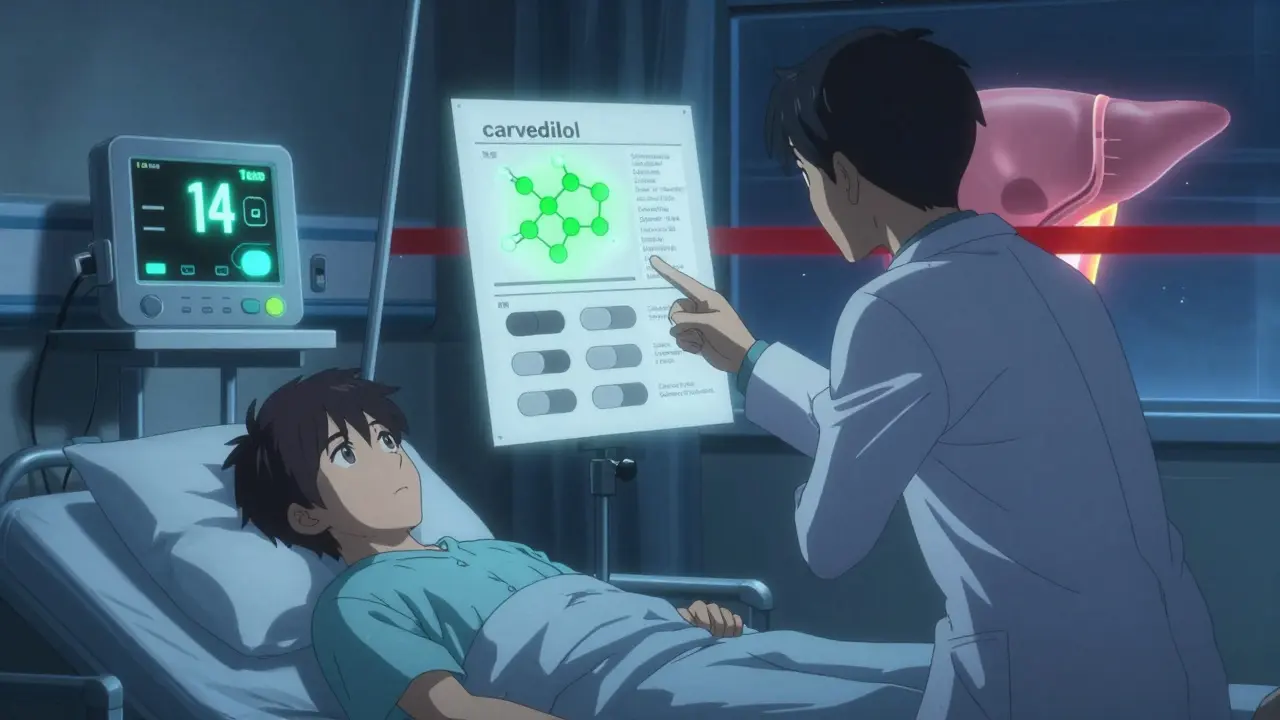 A hospital room with a glowing CGM alert and carvedilol’s molecular structure glowing green against other blocked beta-blockers.