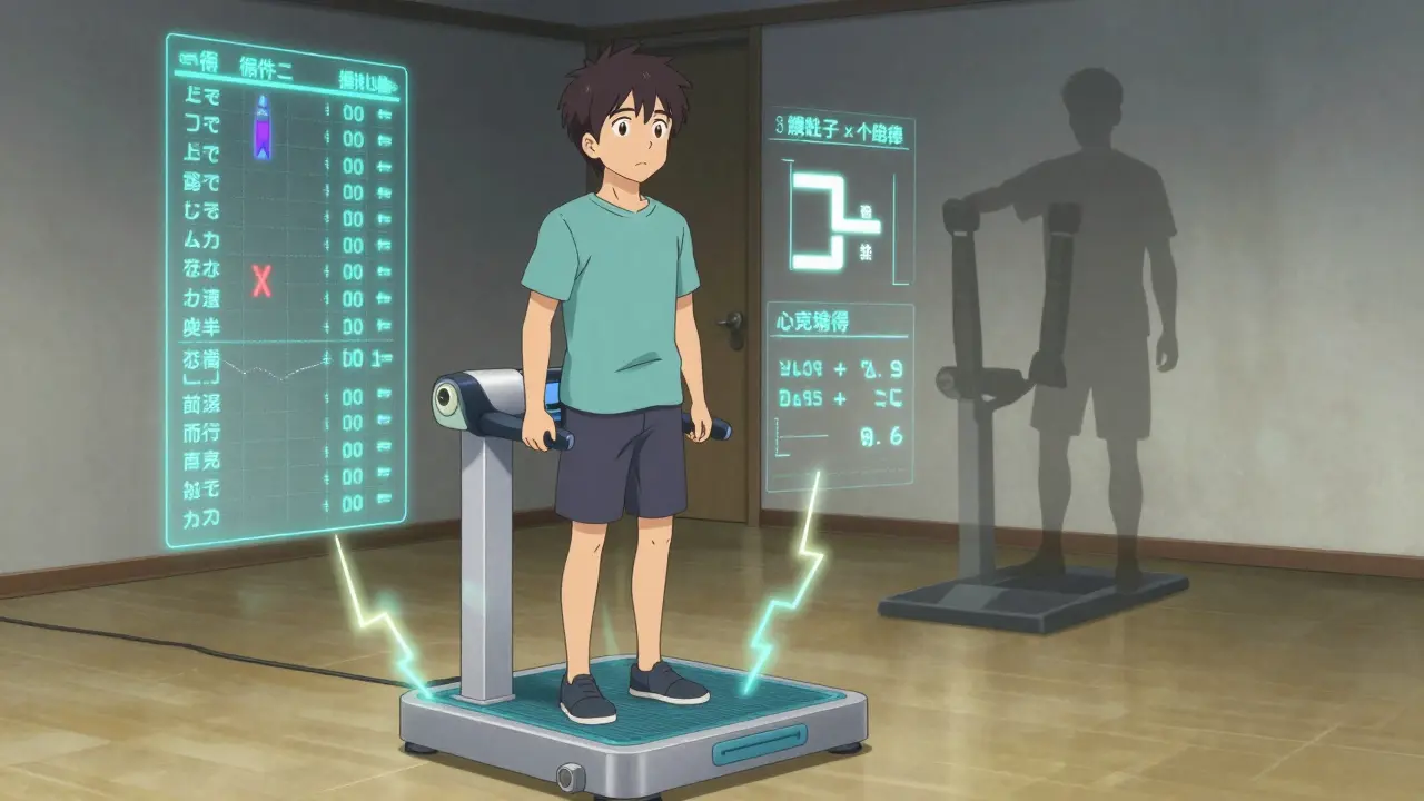 A patient using a high-tech balance system with glowing data streams during therapy.