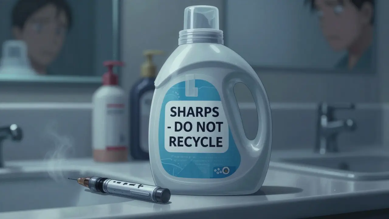 A sealed sharps container labeled 'DO NOT RECYCLE' on a bathroom counter.