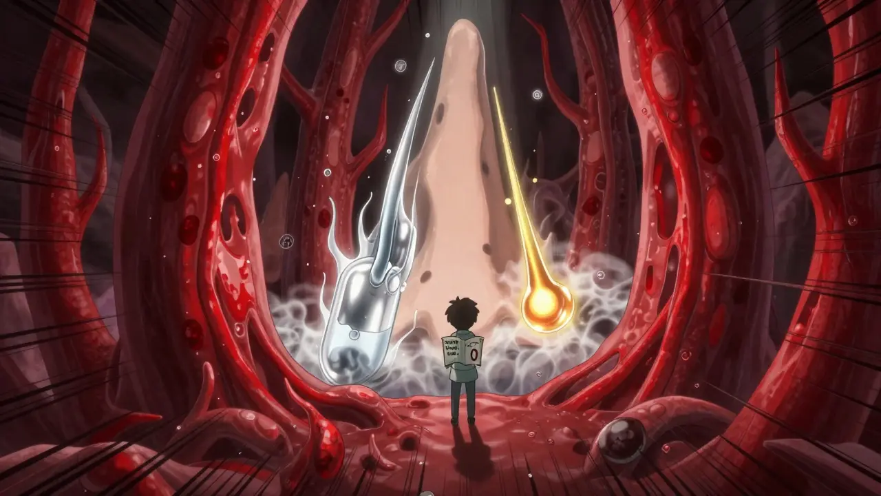 Battle inside nose: red vessels vs. saline and corticosteroid mist, person holding logbook.