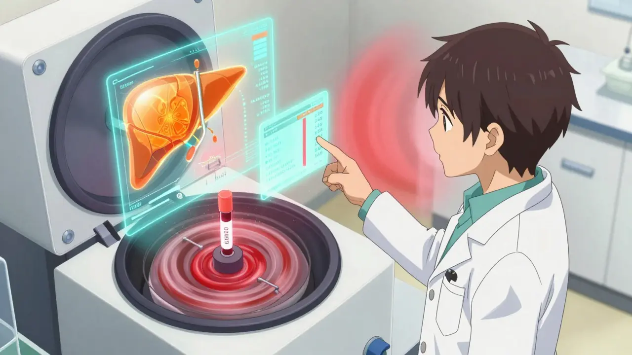 Clinical lab with floating holographic blood test results showing rising triglycerides and liver enzymes.