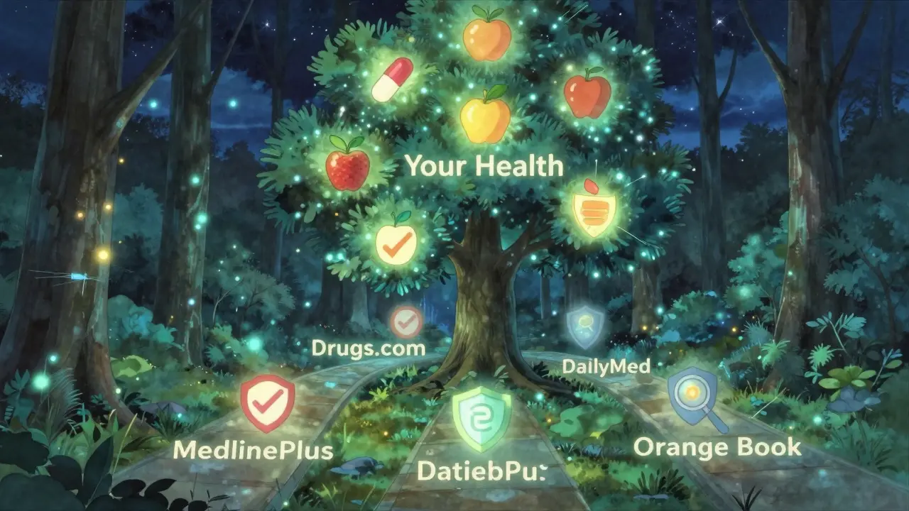Digital forest with paths representing trusted drug resources leading to health empowerment.