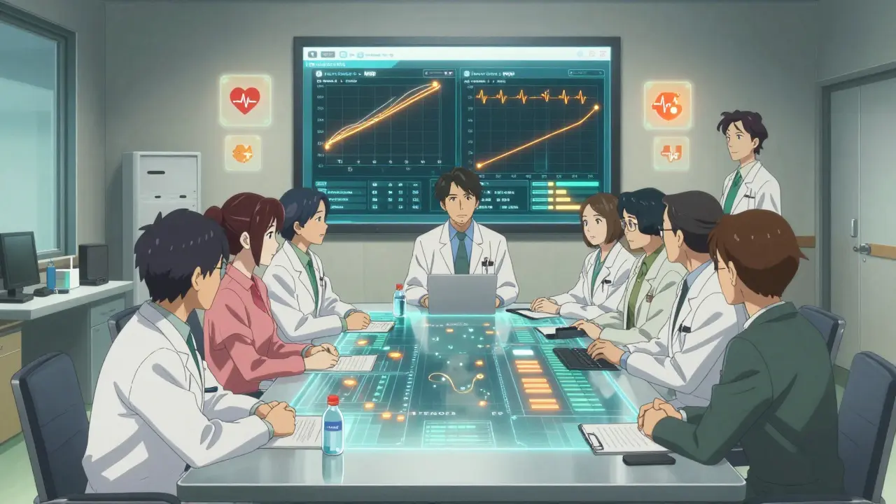 Diverse medical team reviewing holographic drug data in hospital meeting