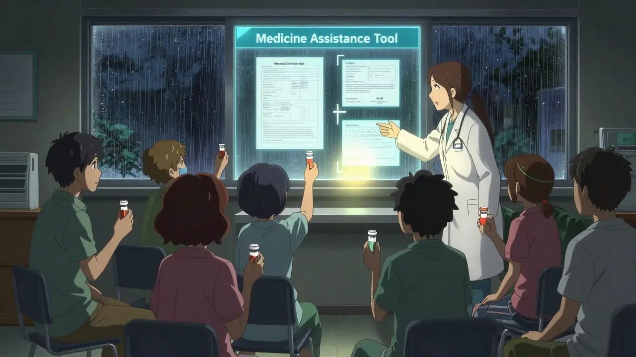 Diverse patients reaching toward a digital assistance tool guided by a community navigator.