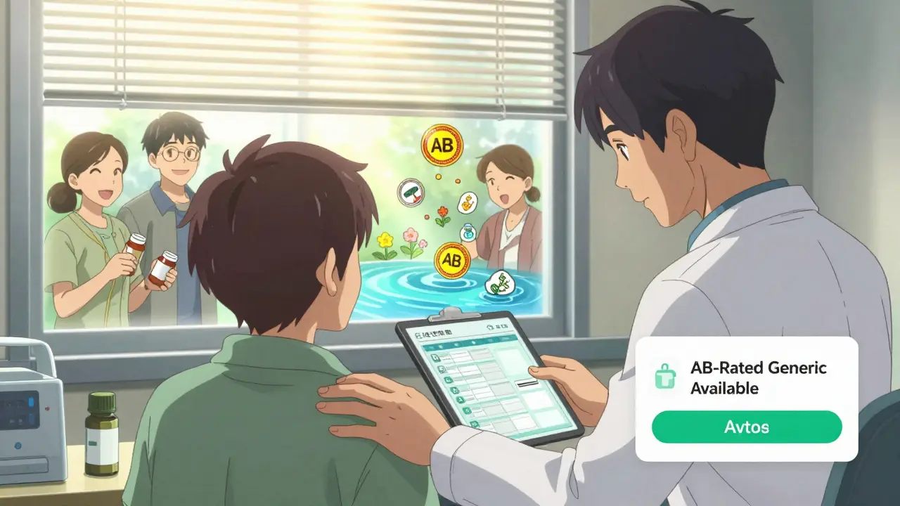 Doctor and patient reviewing digital record with pop-up notification about generic alternative.