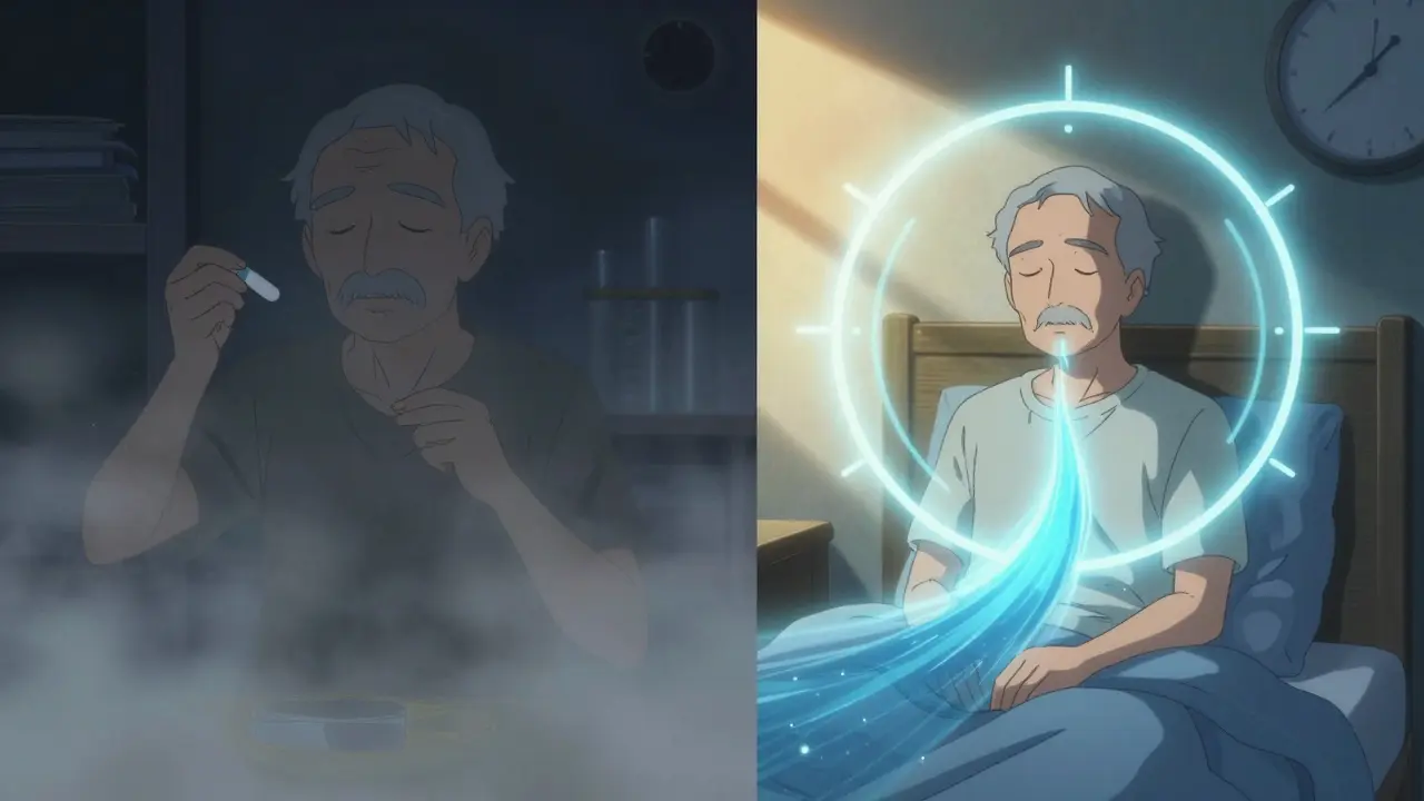 Elderly person transitioning from risky sleep aid to calm CBT-I practice with soothing sleep energy.