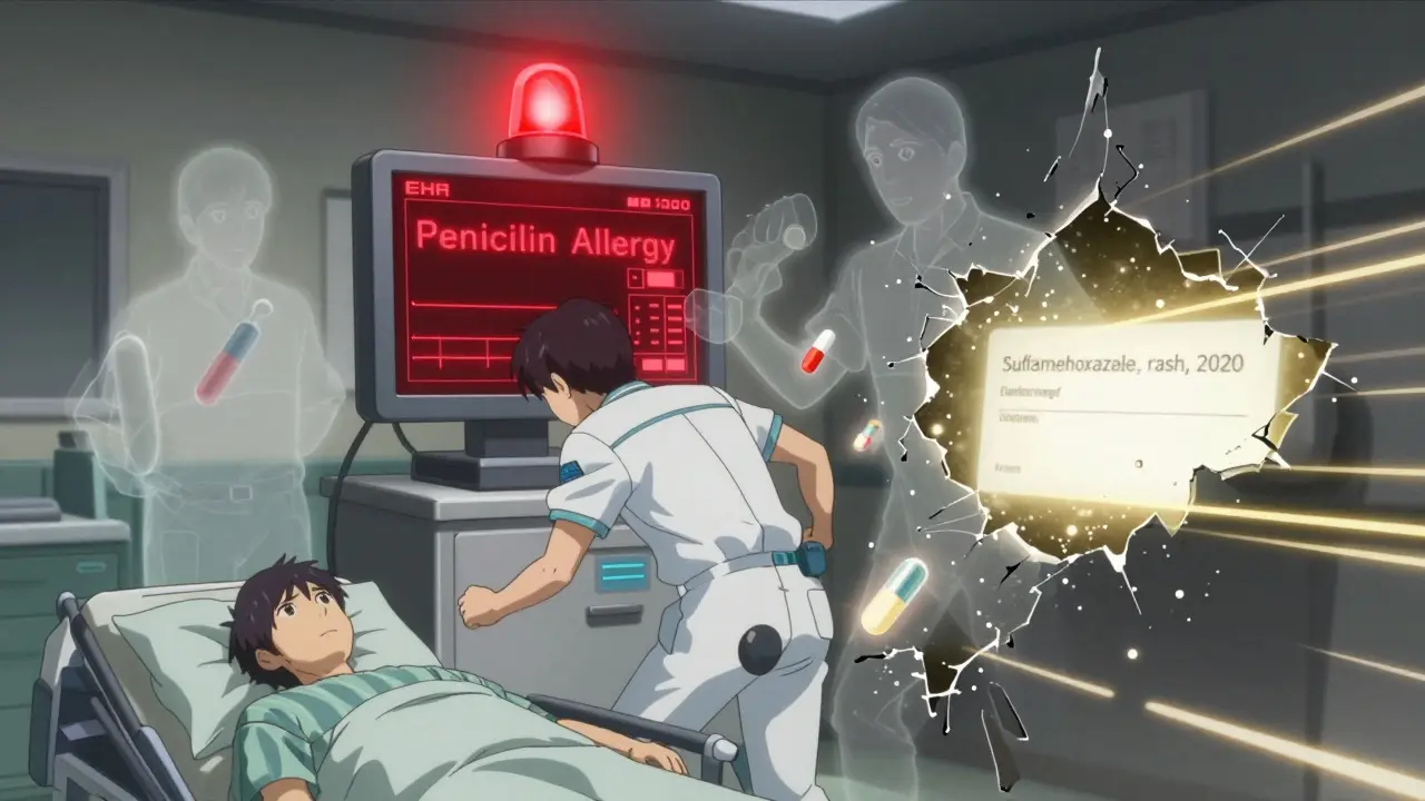 ER scene with vague allergy alert blocking safe antibiotics, glowing correct entry in corner.