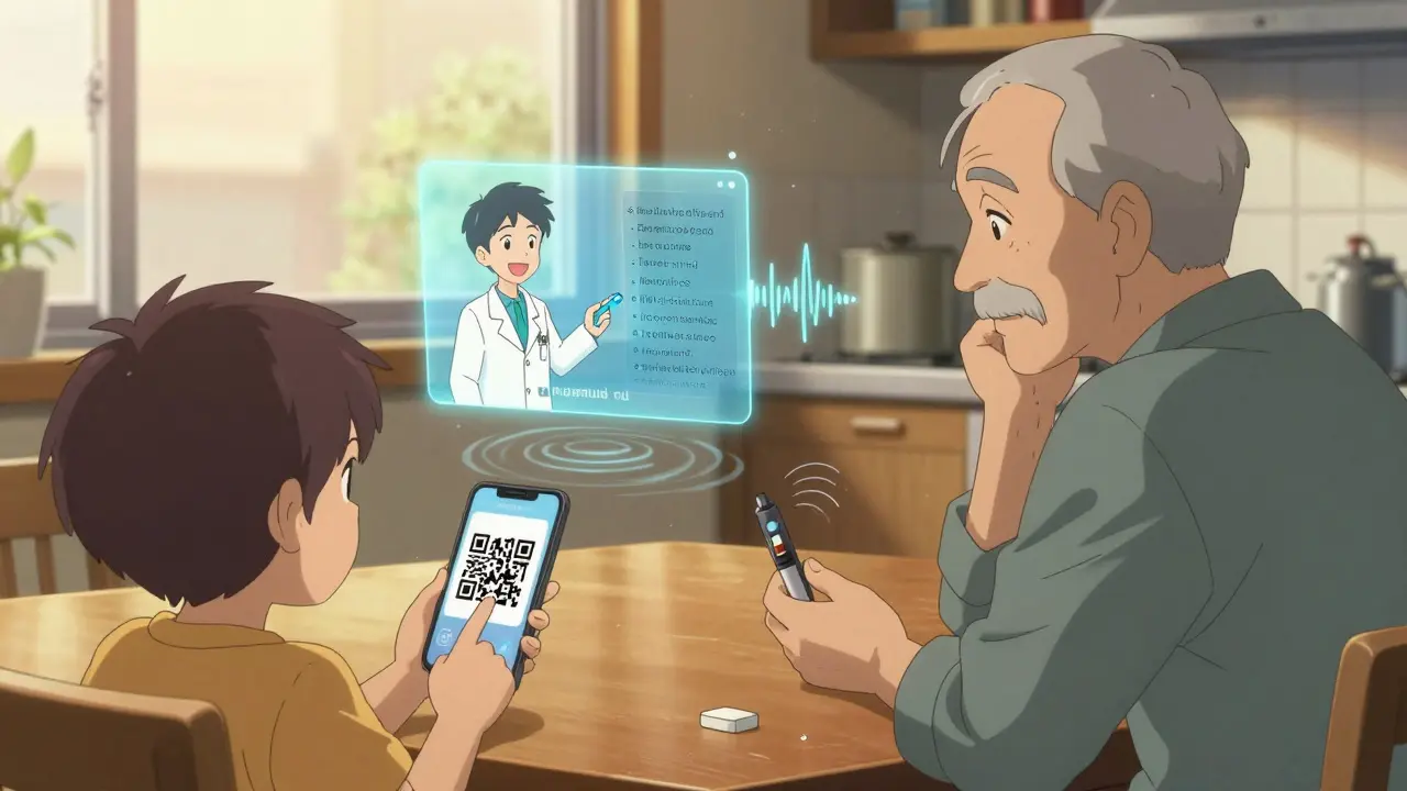 Family viewing a holographic medication guide from a QR code on an insulin pen, with an elderly man listening closely.