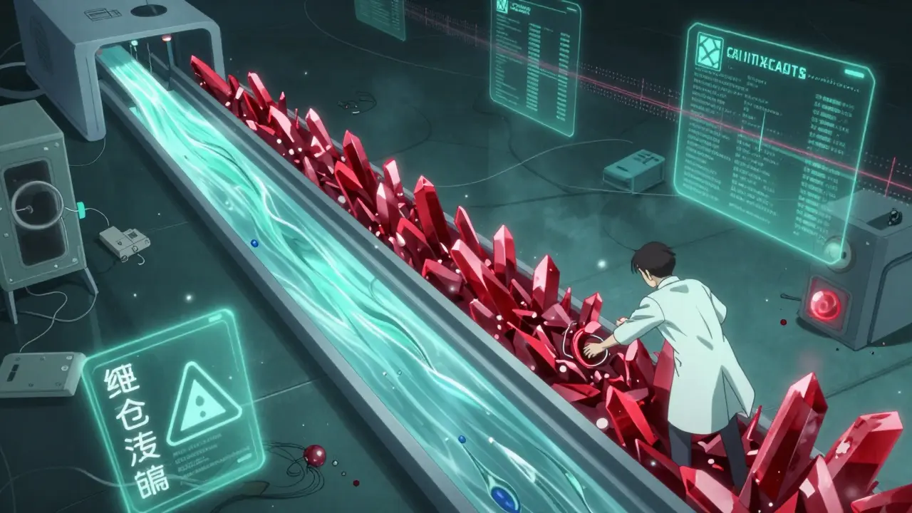 Futuristic kidney filter with clean vs. clogged streams, nephrologist shutting down dangerous therapy.