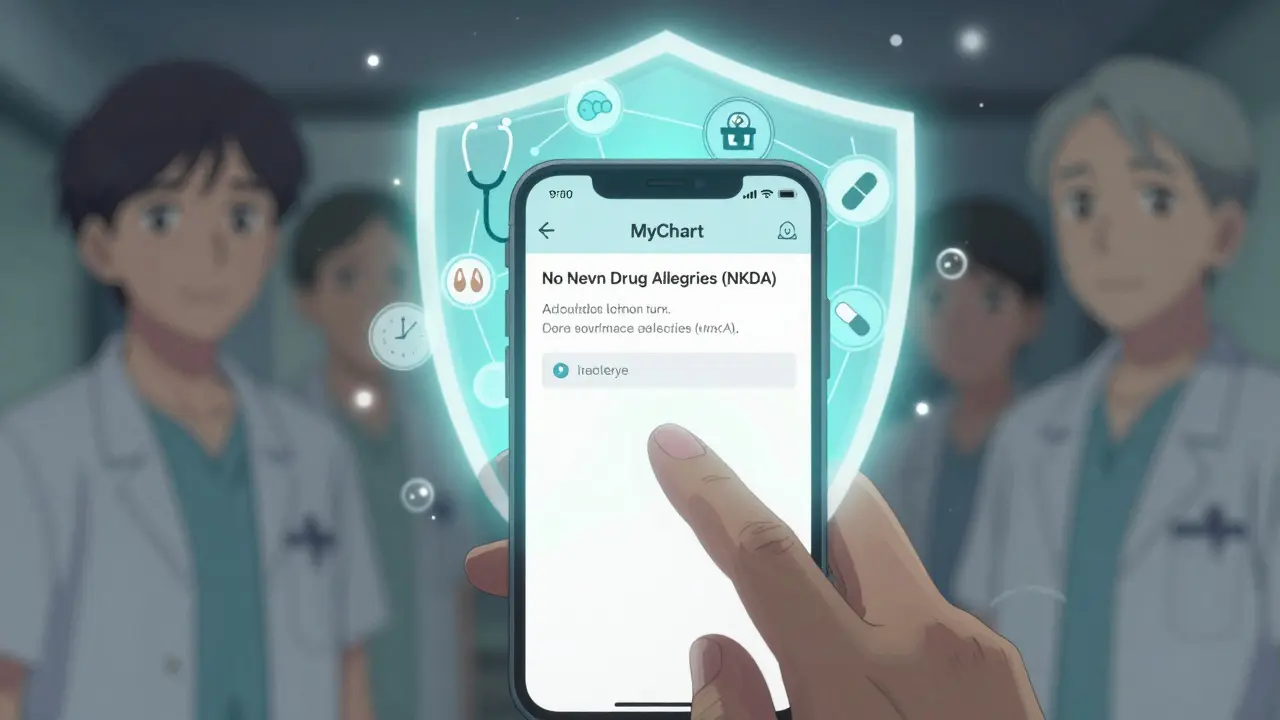 Hand updating 'No Known Drug Allergies' on smartphone, radiant shield of medical icons forming behind.