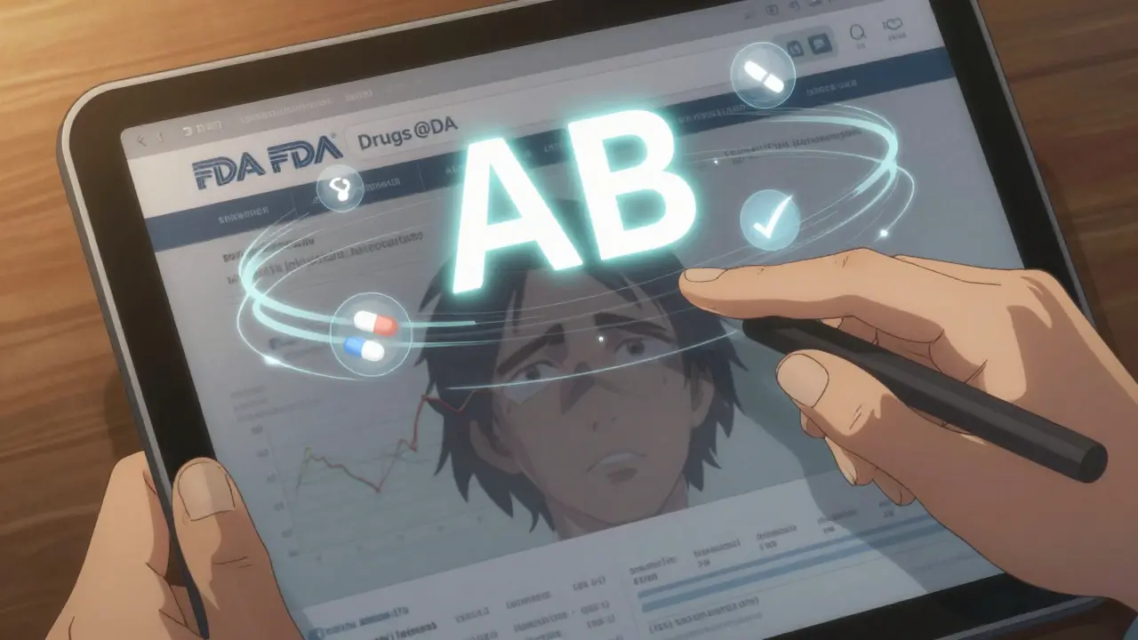 Hand using tablet to check FDA's Drugs@FDA website with glowing AB rating displayed.