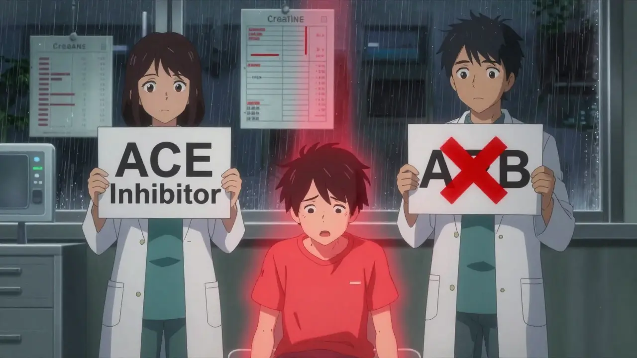 Hospital scene with warning aura over patient, doctors holding opposing drug signs, medical charts spiking.