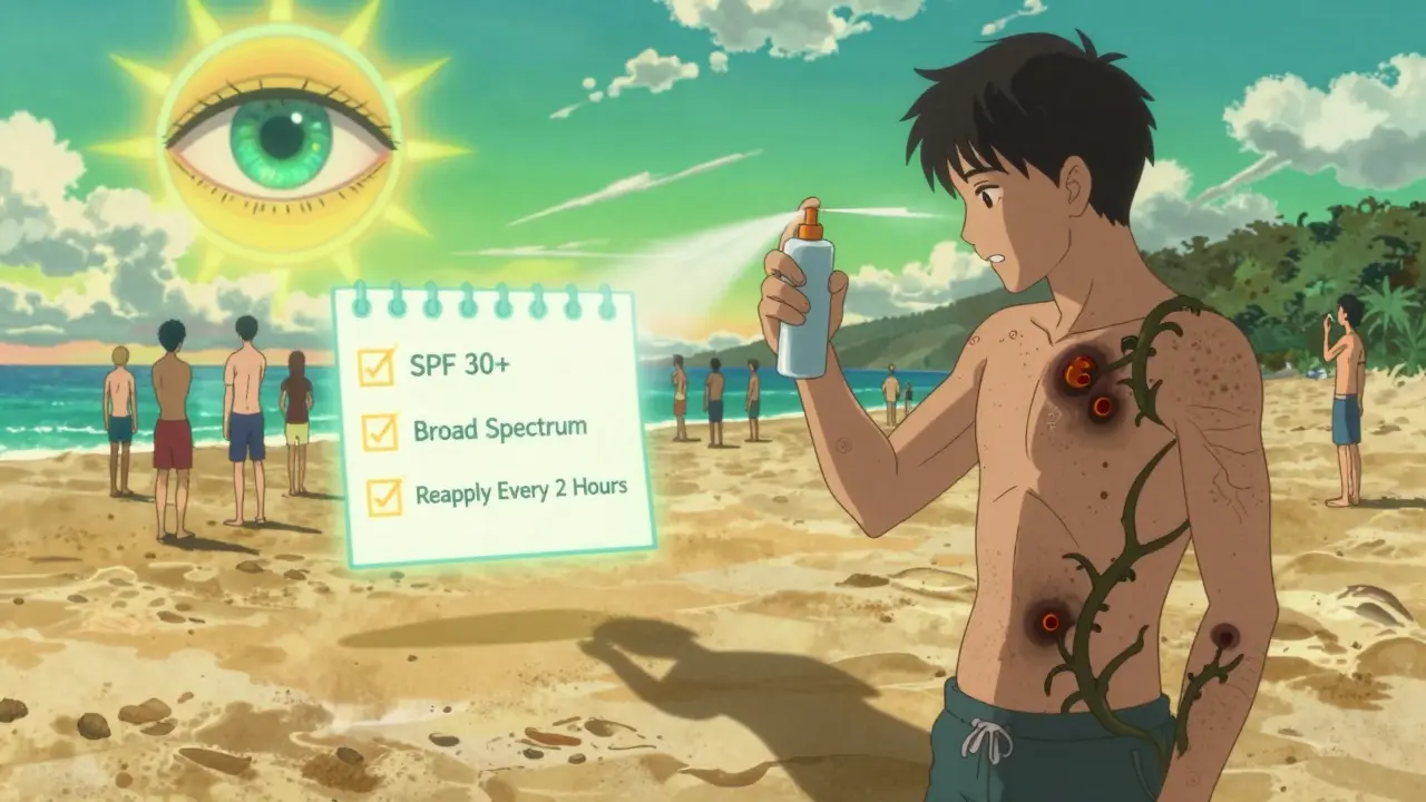 Man spraying sunscreen that vanishes mid-air while his shadow shows UV damage, with floating checklist of sun safety rules.