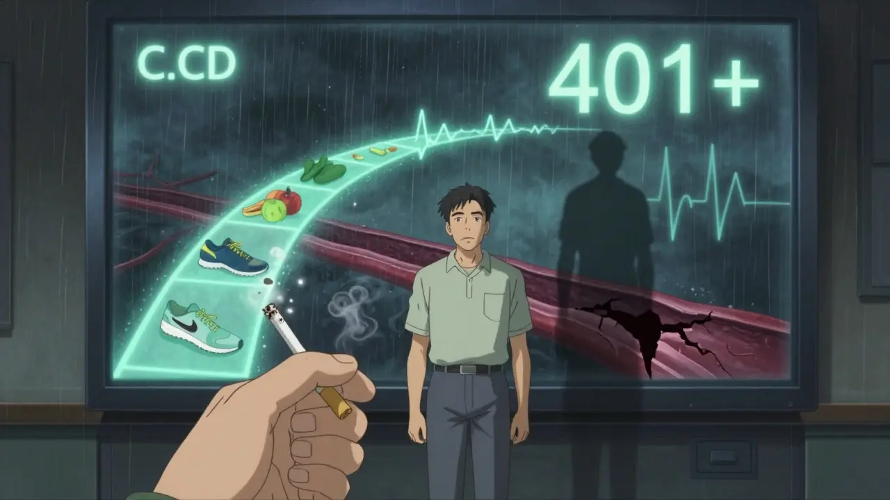 Man staring at high calcium score as cigarette turns to ash, with healthy path glowing behind him.