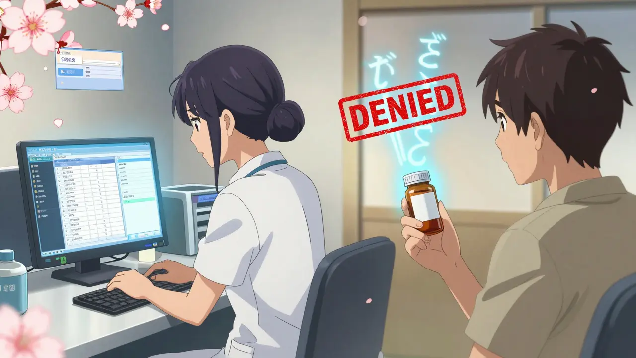 Medical assistant using an EHR system while a patient receives a denied prescription, digital alerts floating nearby.