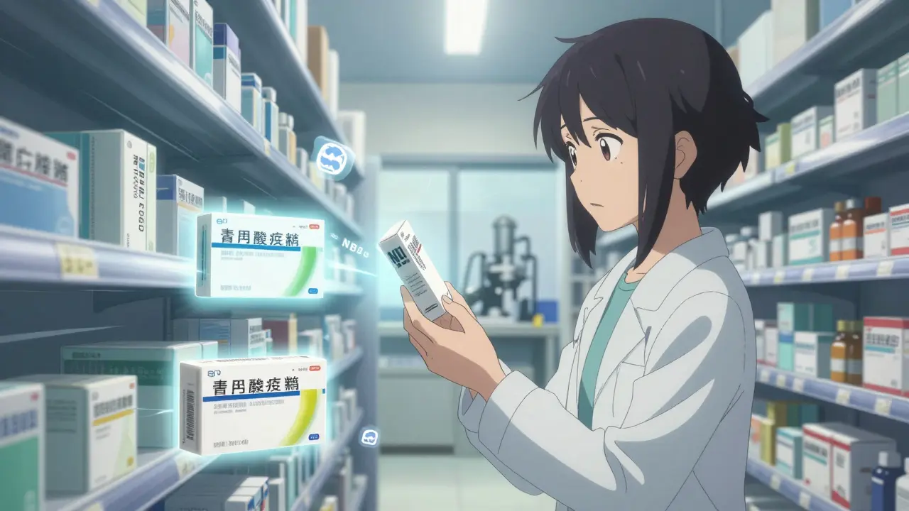 Patient holding medication as transparent brand and generic packaging flicker around them.