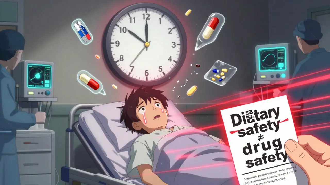 Patient in ER with glowing monitors and shattering drug icons as time ticks away.