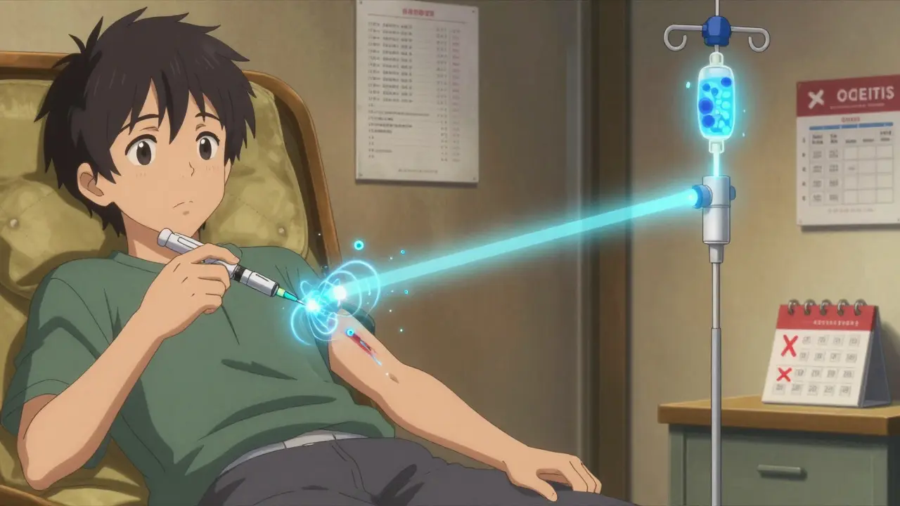 Patient injecting biologic at home while antibody particles flow into bloodstream, clinic IV infusion on the other side.