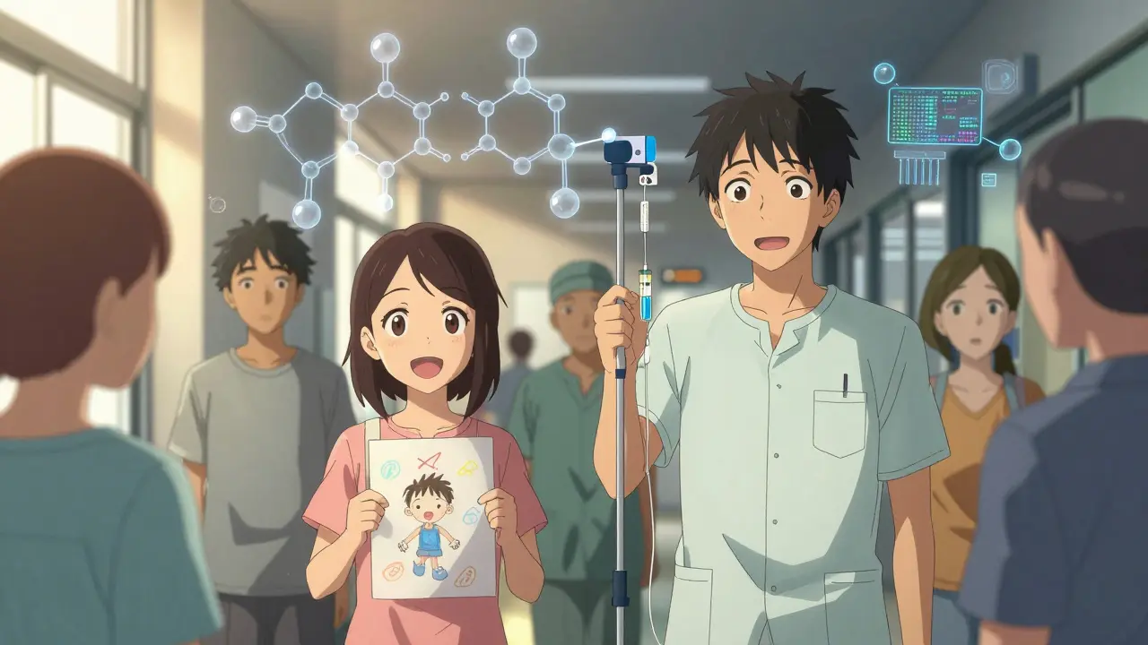 Patients in a hospital receiving ceftriaxone while molecular side chains compare above them.