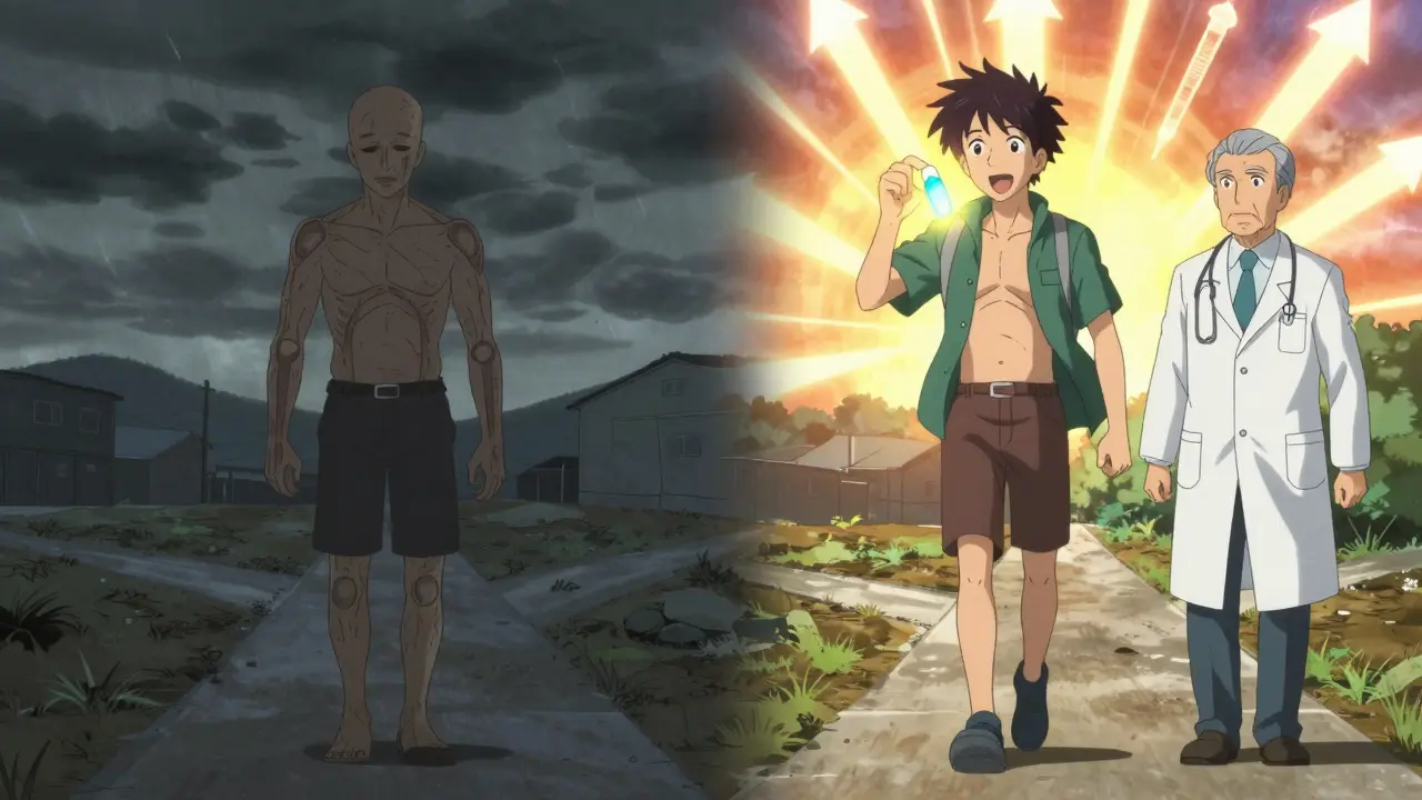 Person at a crossroads: one path shows fatigue and joint pain, the other shows vitality with medical support.