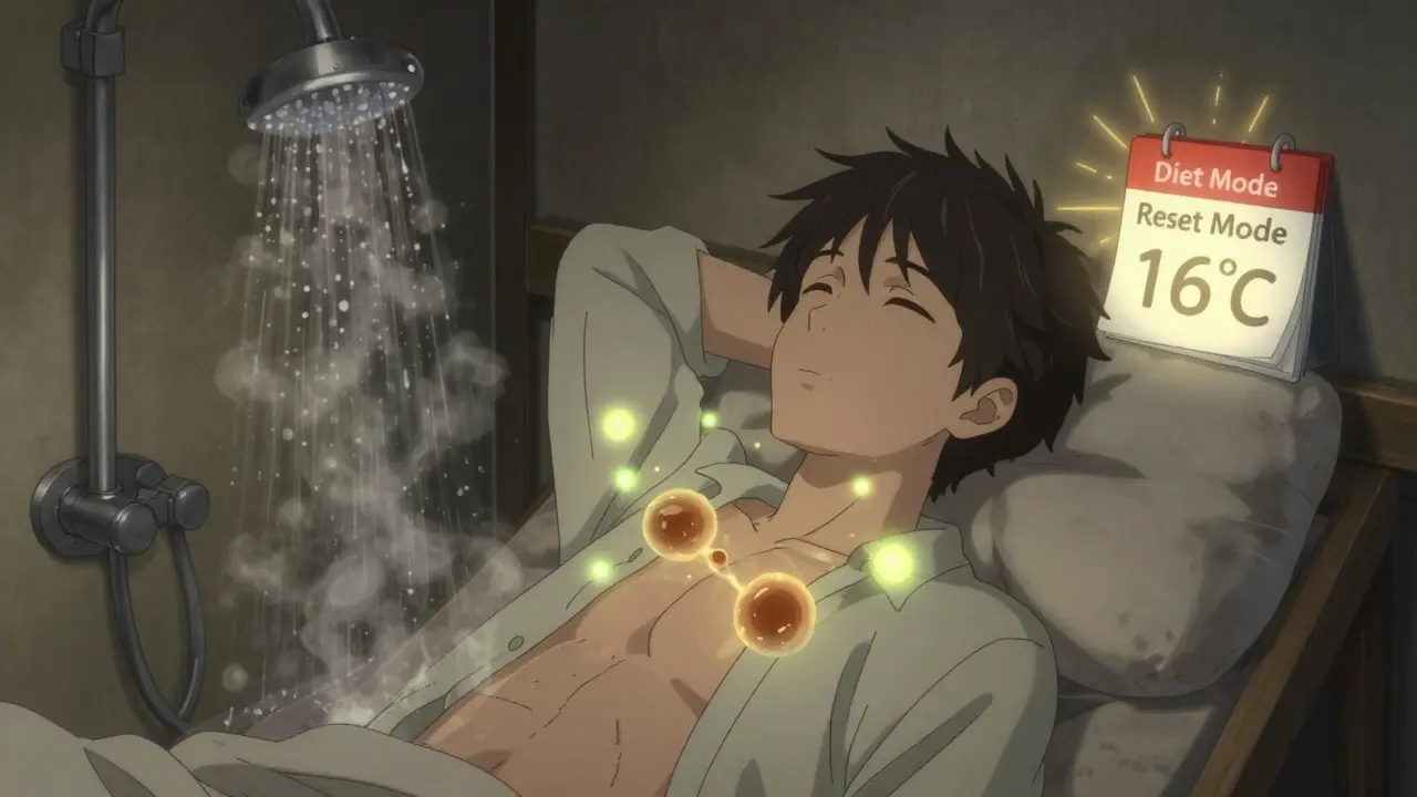 Person relaxing in cool room as brown fat cells activate like glowing fireflies.