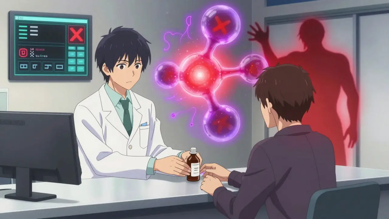 Pharmacist giving cough syrup while a serotonin explosion looms behind them.