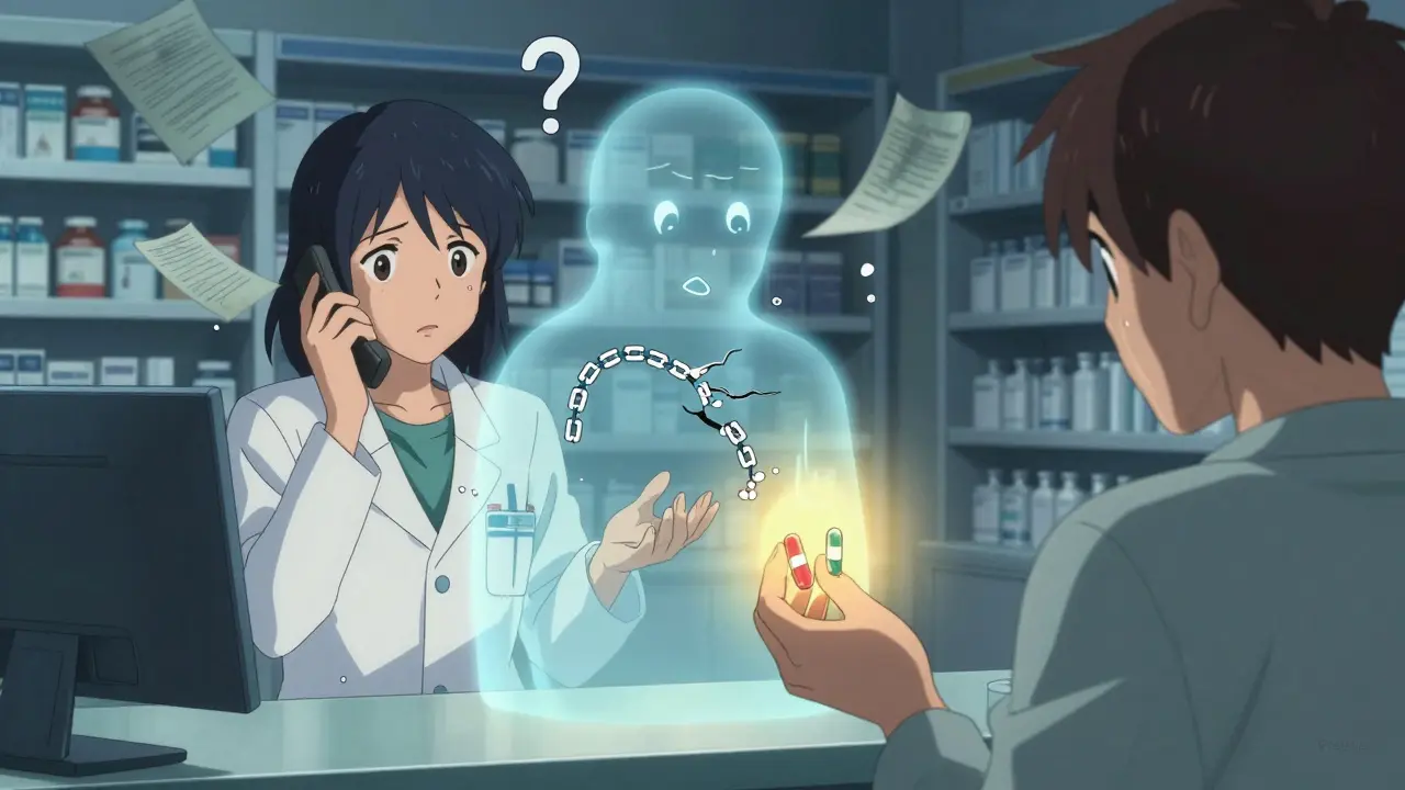 Pharmacist on phone at counter as patient holds two different statin pills