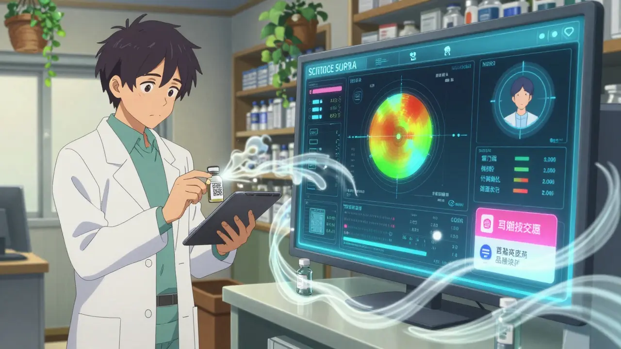 Pharmacist scanning a prescription QR code while a dynamic digital dashboard displays real-time patient scan analytics.