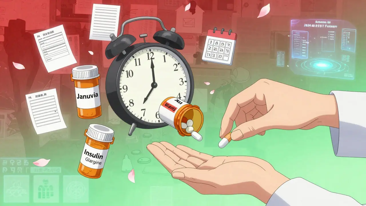 Prescription bottles and formulary icons dissolving into a clock, symbolizing time saved by checking coverage before prescribing.