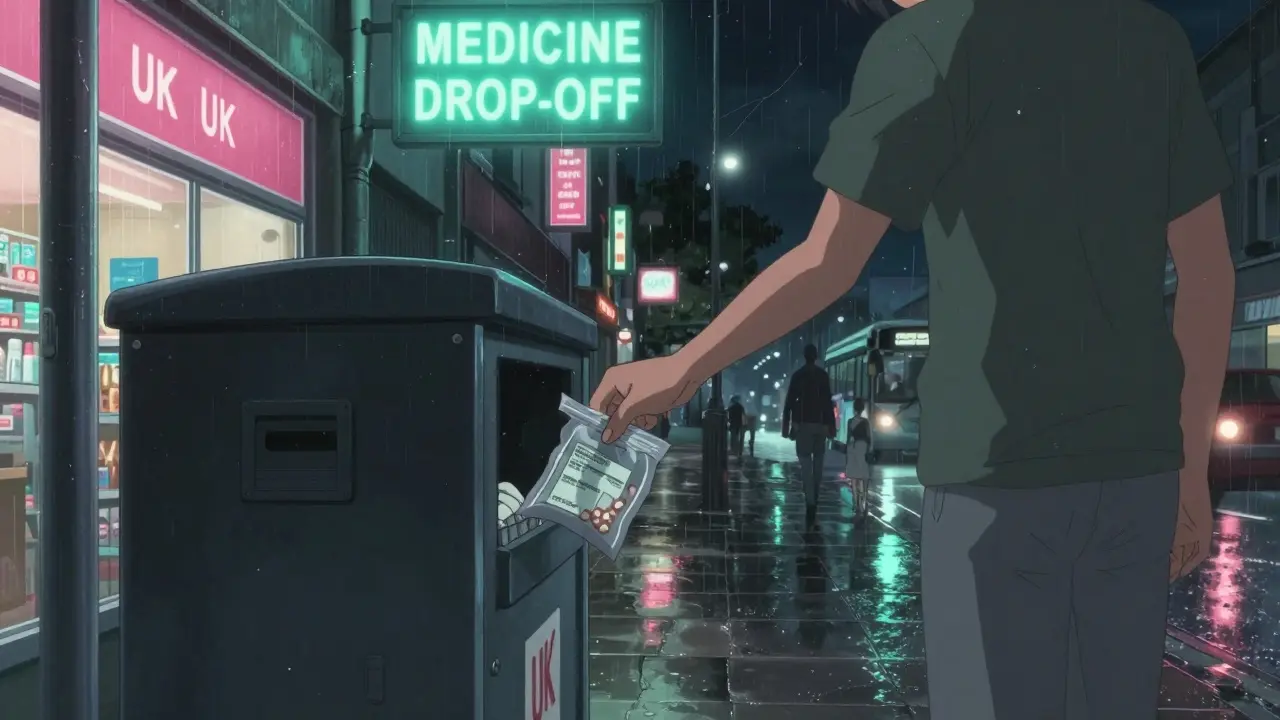 Someone dropping off expired medication at a pharmacy's secure collection bin at night.