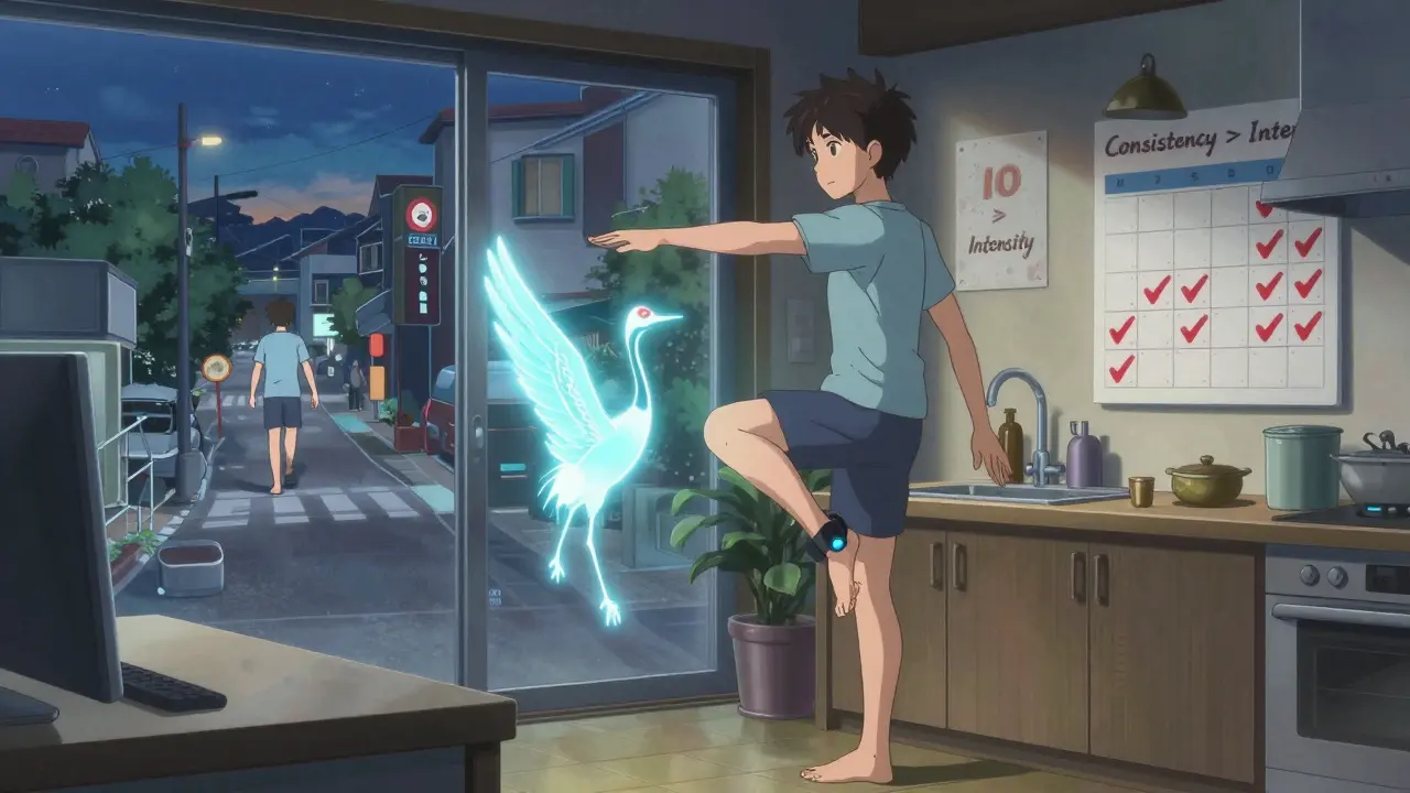 Someone practicing balance at home with a wearable sensor and holographic guide.