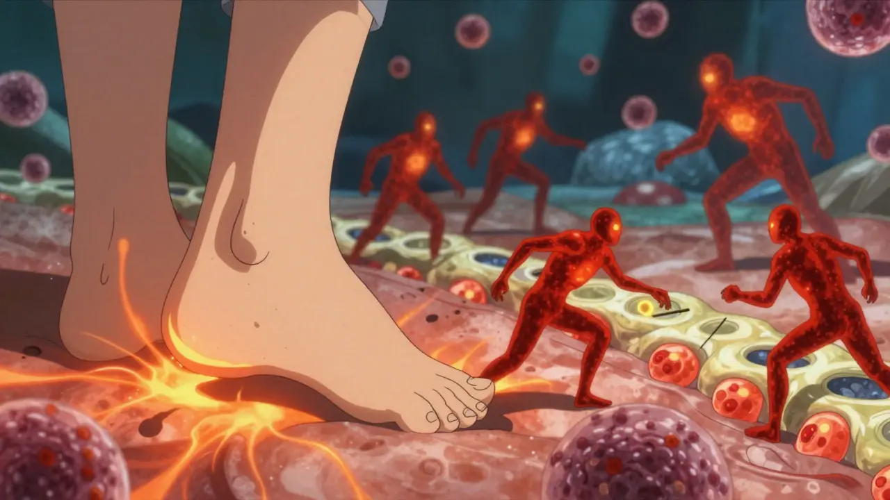 Split-body illustration showing nail changes and immune cells attacking joints in a surreal battlefield.