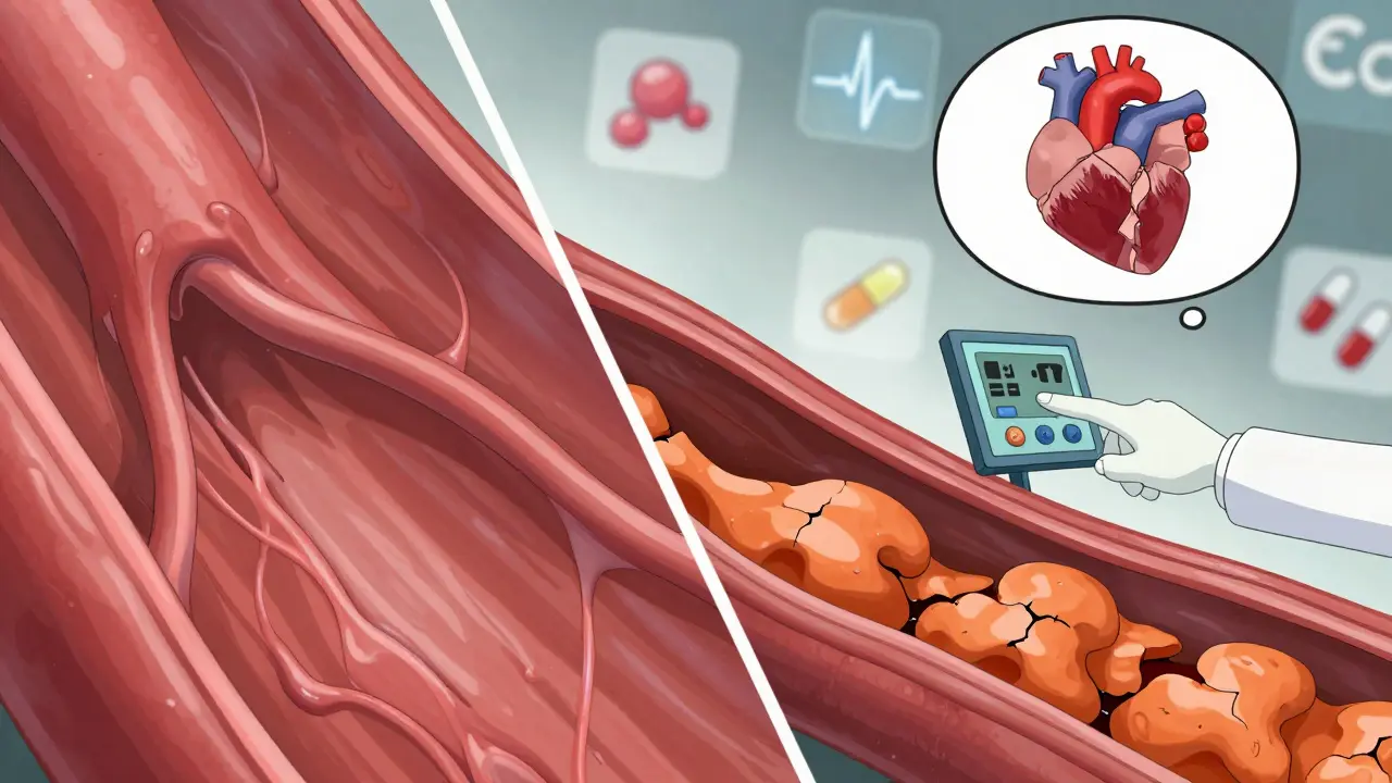 Split illustration comparing healthy and plaque-choked arteries with medical readout.