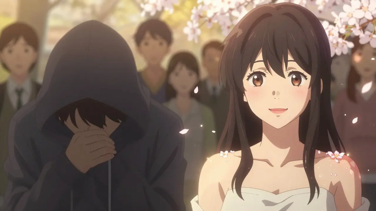 Split image of person transforming from hidden shame to confident smile with cherry blossoms drifting around.