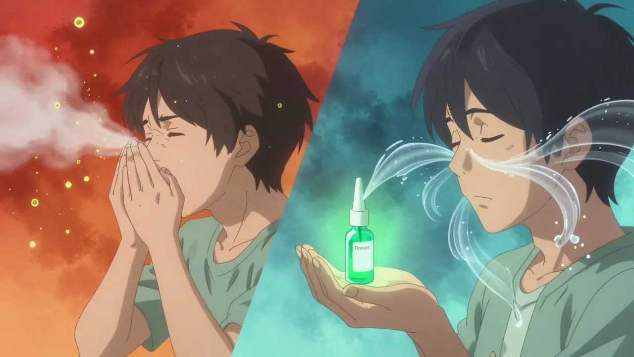 Split scene: allergic sneeze on left, peaceful nasal breathing on right with healing mist.